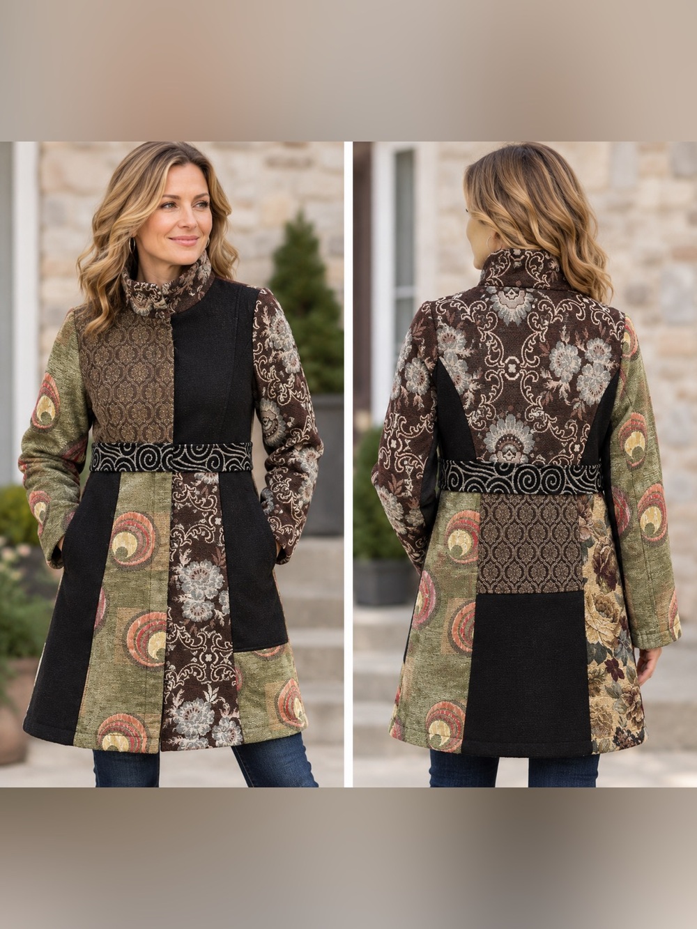 PINK MARTINI Patchwork Tapestry Mixed Media Statement Coat SzM Boho Wearable Art